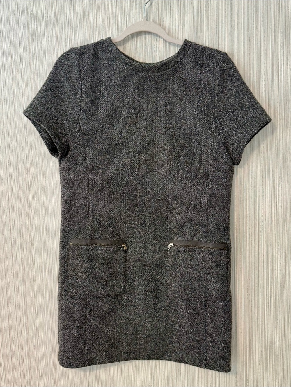 Gray metallic silver heathered wool blend mini dress with zipper pockets small